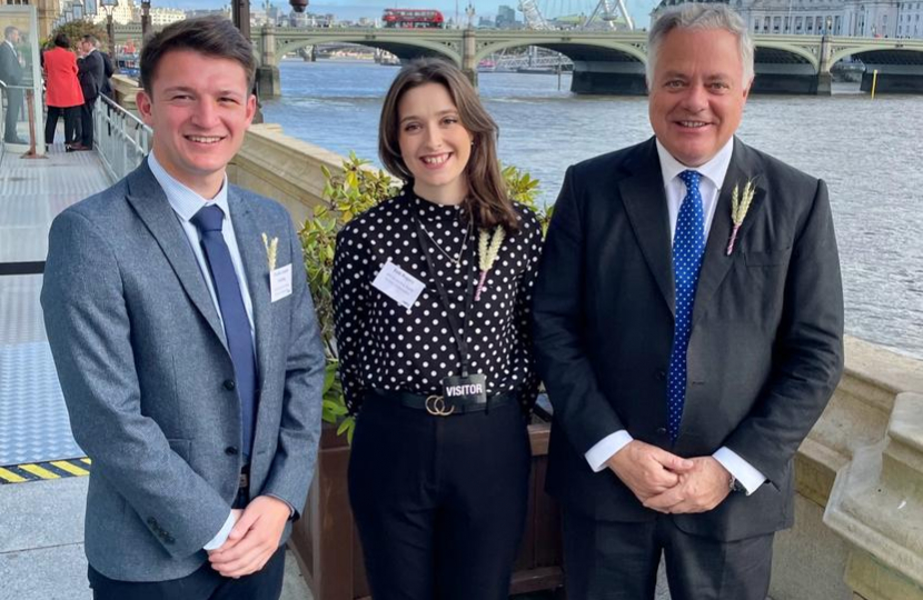 Simon Baynes, Charlie Cooper-Harding, Student and Young Farmer Ambassador for Wales, and Evie Rogers, NFU Student and Young Farmer’s Ambassador for the West Midlands, at the NFU Reception